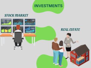 Image of two individuals engaged in different forms of investment, with a man sitting in front of his monitors displaying stock market graphs, and a woman having a conversation with someone about real estate. This image conveys the concept of diversifying one's investment portfolio and provides a visually appealing representation of becoming Financially Free.