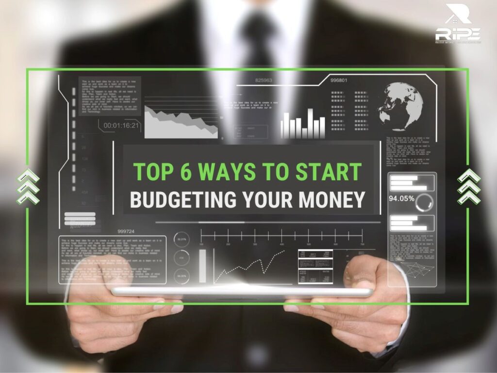 Professional businessman in black suit holding a tablet displaying 'Top 6 Ways to Start Budgeting your Money'.