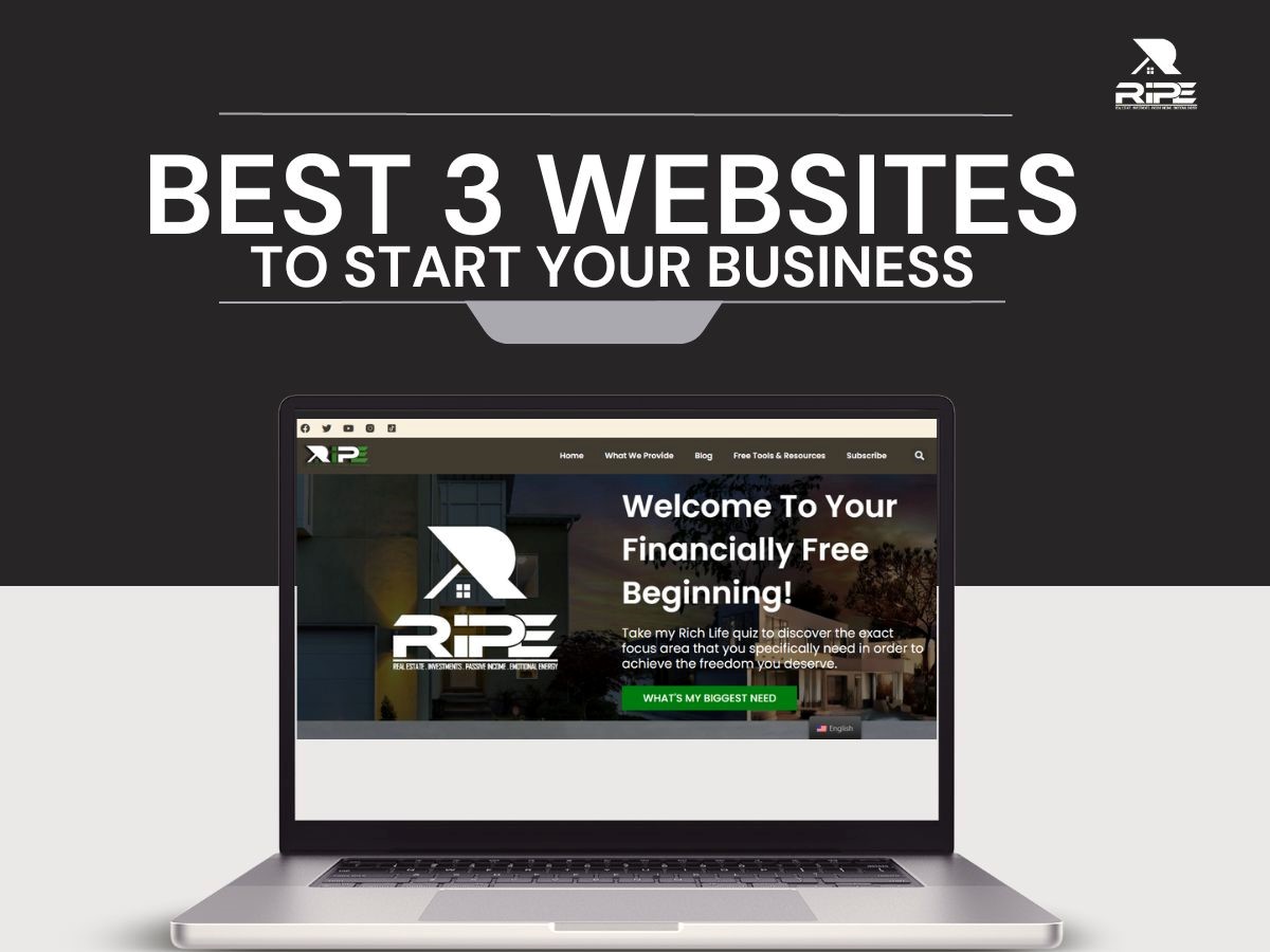 Laptop displaying 'Best 3 Websites to Start Your Business' title on screen.