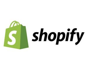 Shopify logo in white background - an iconic 'Shopify' wordmark in bold black typography, placed on a simple and clean white background, representing the company's user-friendly and professional approach to e-commerce solutions.