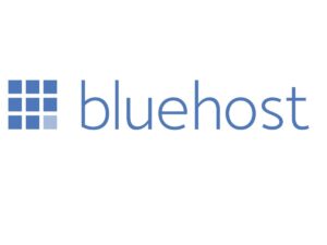 Bluehost logo featuring a blue text 'Bluehost' on a white background with 9 small blue squares arranged in a grid pattern. The logo represents the branding of Bluehost, a top-rated web hosting provider trusted by millions of users worldwide.