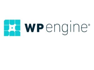 WP Engine logo featuring a turquoise blue square with bold 'WP' letters and 'Engine' in smaller font beside it, on a white background. The logo represents the branding of WP Engine, one of the top hosting providers in the industry, offering reliable and high-performance hosting solutions for websites and applications.