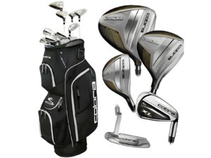 Cobra XL Speed golf set featuring irons, woods, and stand bag in black and yellow color scheme. 