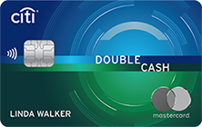 Image of Citi Double Cash Card - A blue and green credit card with the words 'Double Cash' prominently displayed in the center, with the Citi logo in the top left corner and a chip on the bottom right corner.It is one the 3 Best Credit Cards for Rewards Points.