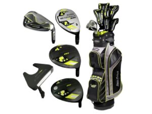 Tour Edge HL3 golf set featuring stainless steel irons, hybrid clubs, fairway woods, driver, and stand bag in black and silver color scheme.