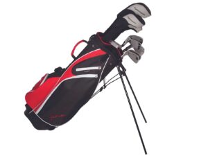 Pinemeadow PRE golf set featuring stainless steel irons, hybrid clubs, fairway woods, driver, and stand bag in black and red color scheme.