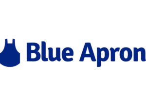 The logo of Blue Apron, a meal delivery service,featuring the word "Blue Apron", blue letters and a blue apron silhouette on a white background.