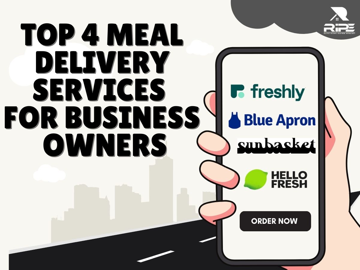 Top 4 meal delivery services for business owners: Image of a mobile phone displaying logos of Freshly, Blue Apron, Sun Basket and Hello Fresh.