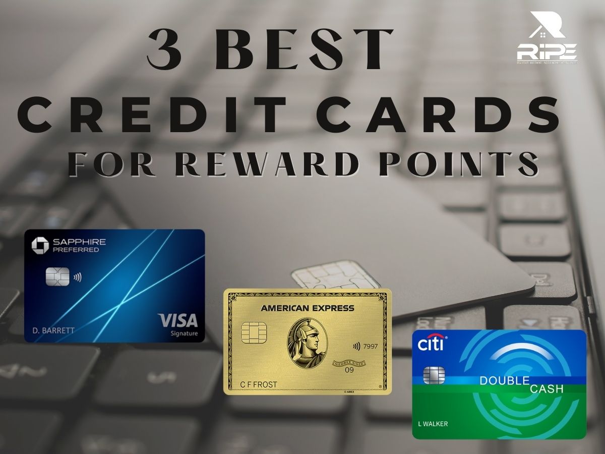 Image of a laptop displaying the text '3 Best Credit Cards to Use for Maximum Rewards Points' with Chase Sapphire, Amex Gold, and Citi Double cards placed on top. These cards are popular options for earning rewards points on credit card purchases