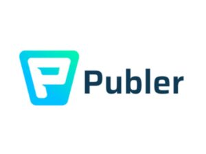 Publer logo: A white letter 'P' on a background of mixed blue and green colors, with the word 'Publer' in blue text beside it. This image represents Publer, a scheduling tool for social media.