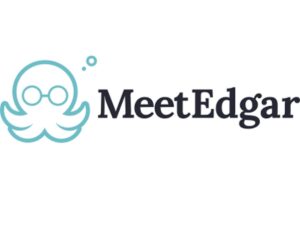 A blue octopus wearing sunglasses with the word 'Meet Edgar' beside it. This image represents the Meet Edgar logo, a social media management platform that helps users to automate and recycle their content on various social media channels, using Scheduling Tools for Social Media