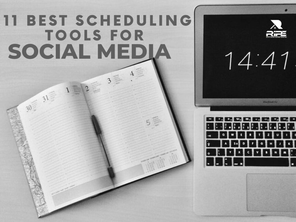 Boost your social media game with these 11 top scheduling tools! This image shows a laptop and notebook on a table, symbolizing the productivity and organization these tools can bring to your social media strategy.